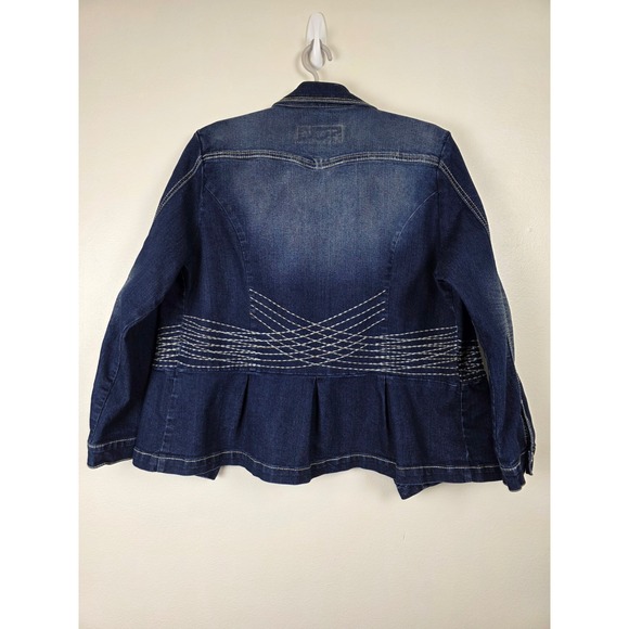 Zenim Denim Jacket Womens XL Blue Dark Wash Peplum Embroidered Contrast Stitch - Picture 15 of 16